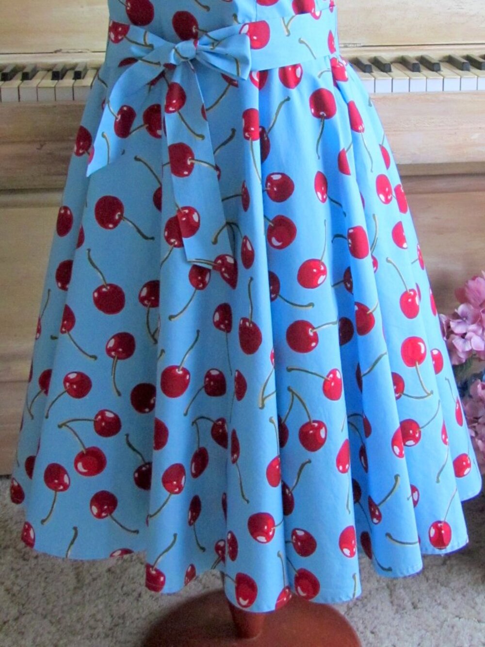 FIT 'N FLARE CHERRY DRESS, RETRO 50s, L-XL, SWING SKIRT, TURQUOISE, RED CHERRIES - Picture 3 of 5